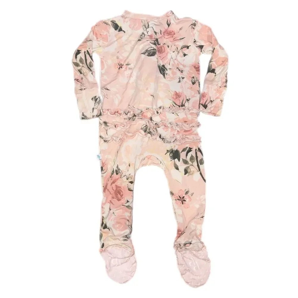 Posh Peanut Vintage Rose Floral Bamboo Baby Ruffle Footie Sleeper (3-6M)